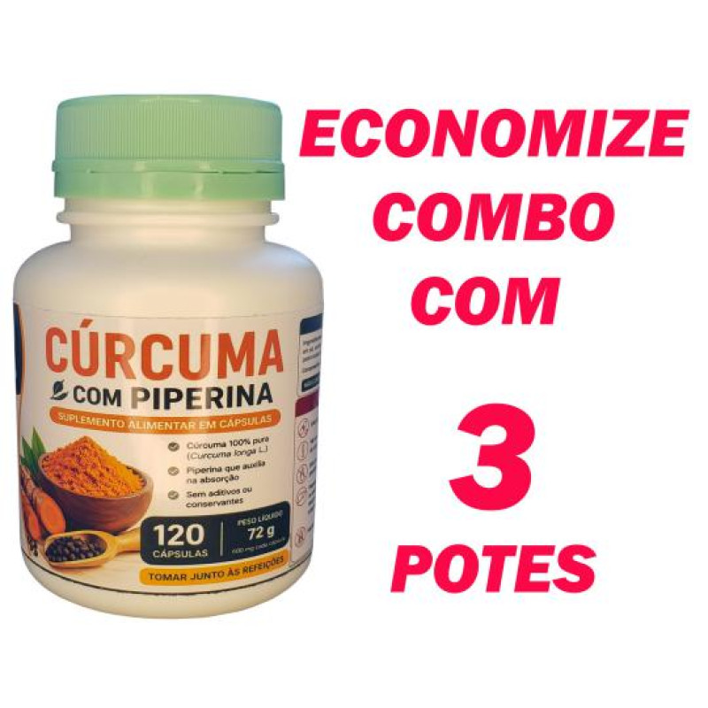 3 - Extrato de Cúrcuma Artesanal (Açafrão) + Piperina - 3 potes de 120 cápsulas 600mg