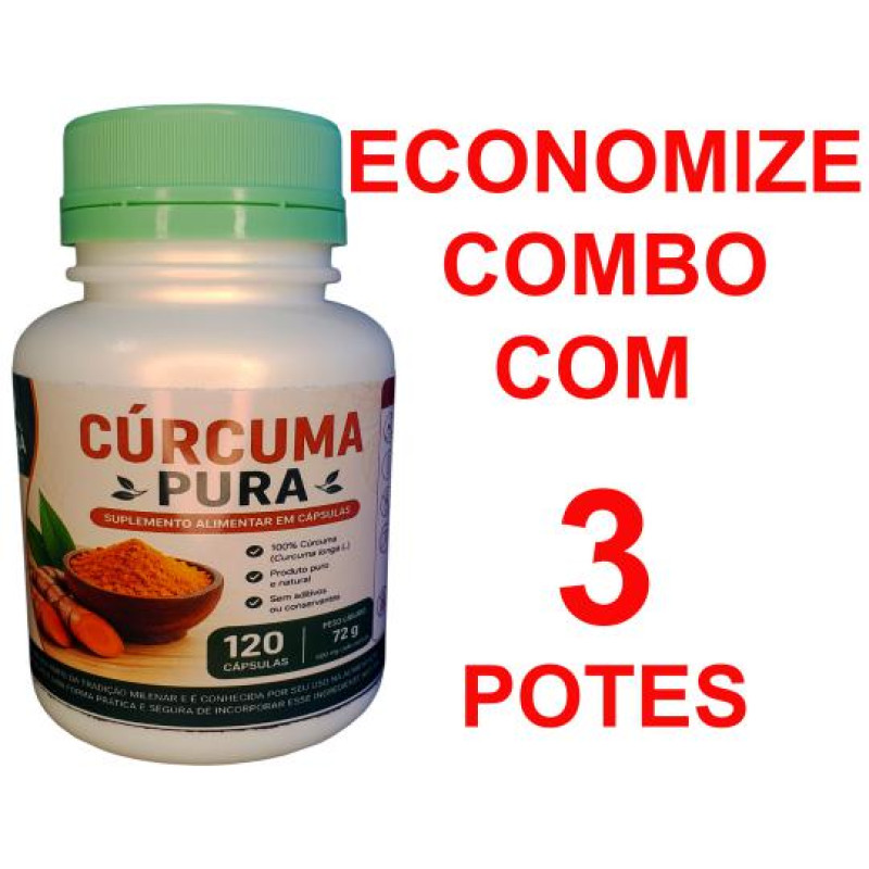 3 -  Extrato de Cúrcuma artesanal 100% pura (Açafrão) 3 potes 120 cápsulas 600mg