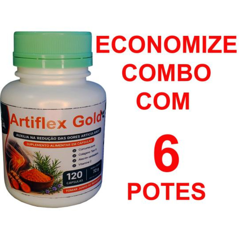 6 - Artiflex Gold - Extrato de Cúrcuma artesanal + Colágeno Tipo 2, Alecrim e Vitamina C - 6 potes de 120 caps - 500mg