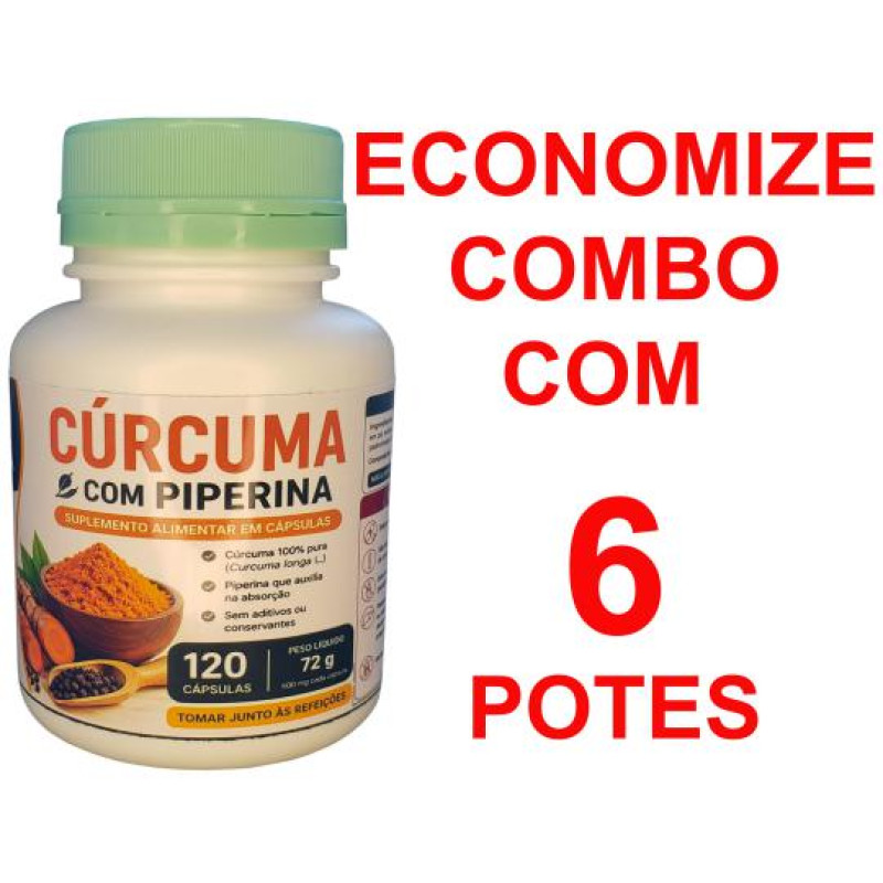 6 Extrato artesanal Cúrcuma longa + Piperina (Pimenta preta) 6 potes de 120 cápsulas 600mg 