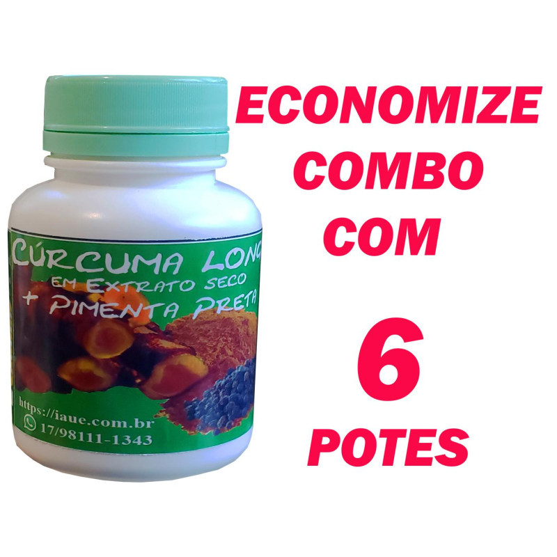 6 Extrato artesanal Cúrcuma longa + Piperina (Pimenta preta) 6 potes de 120 cápsulas 600mg 
