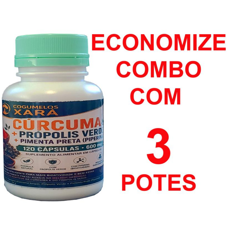 3 Extrato de Cúrcuma + Própolis Verde + piperina - 3 potes 120 cápsulas 600mg 