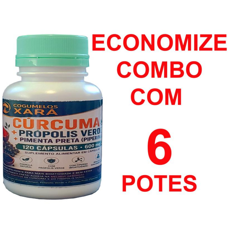 6 Extrato de Cúrcuma artesanal + Própolis + piperina 6 potes de 120 cápsulas 600mg 