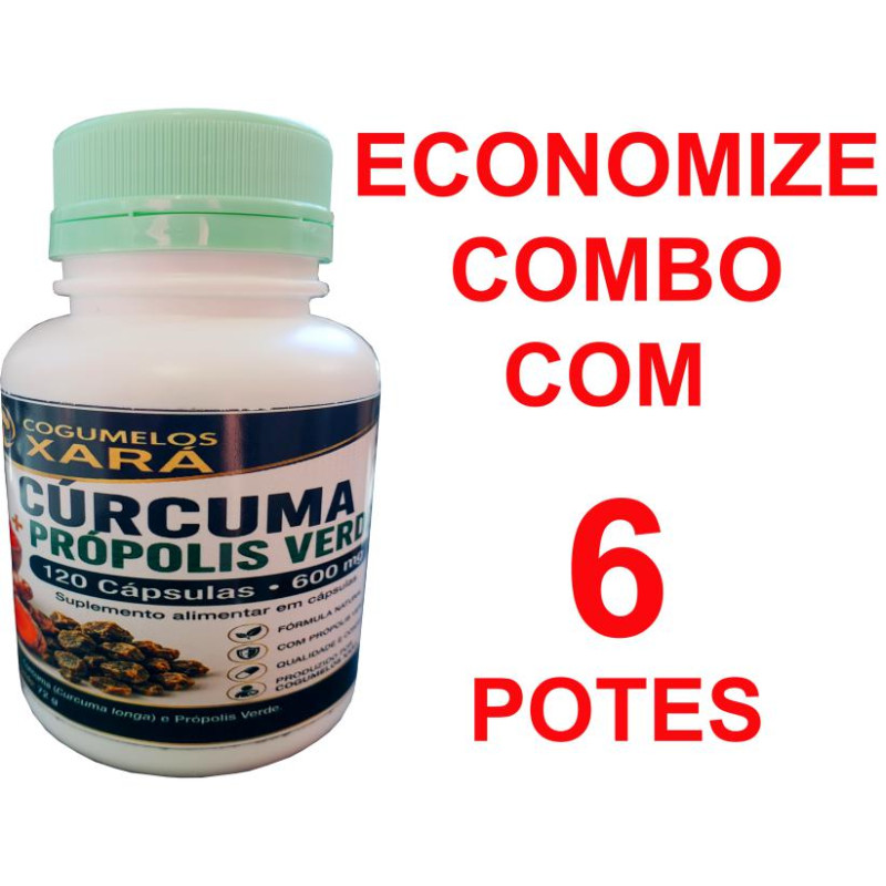6 - Extrato de Cúrcuma artesanal + Própolis verde - 6 potes de 120 cápsulas 600mg 