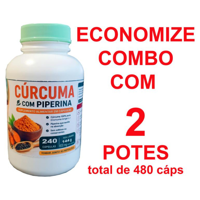 Cúrcuma artesanal +  pimenta preta - 2 potes de 240 cápsulas 600mg