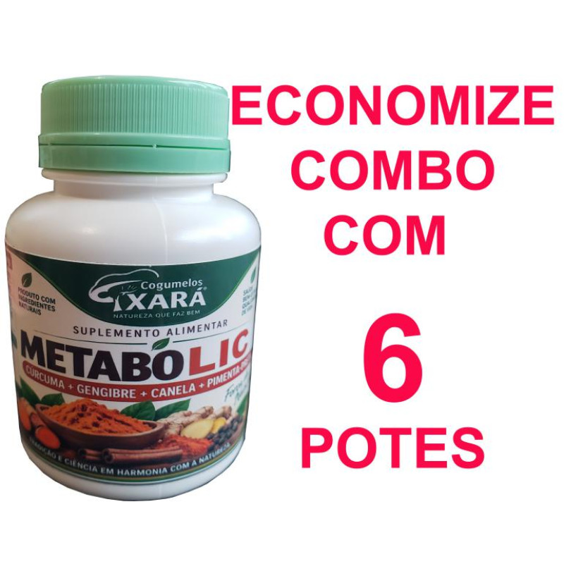 6 - METABOLIC/Termogênico 6 potes de 120 cápsulas - 600mg Extrato artesanal Cúrcuma com pimenta preta + Gengibre + Canela.