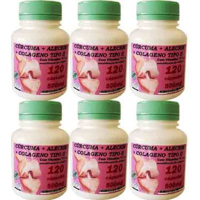 Auxiliar Dores Articulares - Extrato de Cúrcuma artesanal + Colágeno Tipo 2, Alecrim e Vitamina C - 6 potes de 120 caps - 500mg
