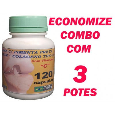 Auxiliar Dores Articulares - Extrato Cúrcuma artesanal com pimenta preta + Colágeno Tipo 2, Alecrim e Vitamina C - 3 potes de 120 caps - 500mg Auxiliar Dores Articulares - Extrato Cúrcuma artesanal com pimenta preta + Colágeno Tipo 2, Alecrim e Vitamina C - 3 potes de 120 caps - 500mg
