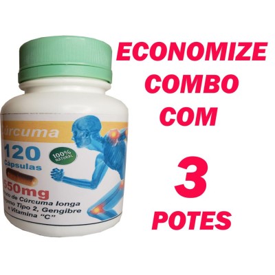 Cúrcuma + Colágeno Tipo 2, Gengibre e Vitamina C - 3 potes de 120 caps - 550mg