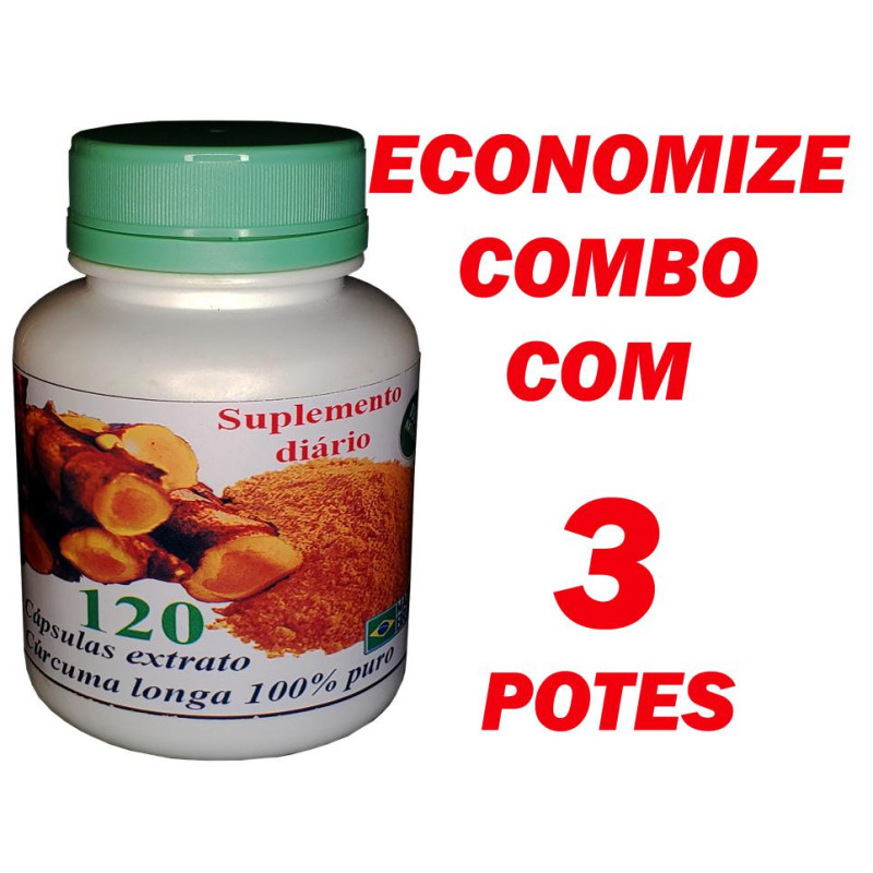 3 Extrato artesanal Cúrcuma longa pura (Açafrão) 3 potes 120 cápsulas 600mg