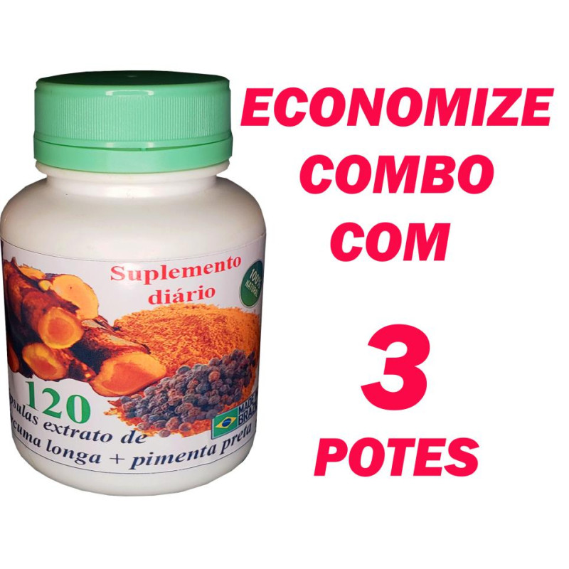 3 Extrato Artesanal de Cúrcuma (Açafrão) + Piperina - 3 potes de 120 cápsulas 600mg