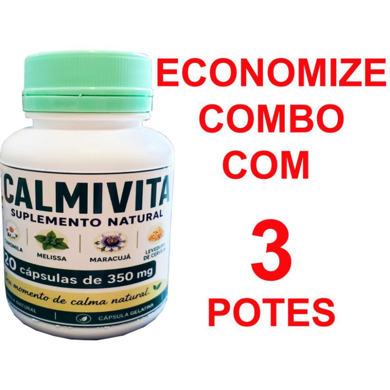 CALMIVITA - Auxiliar Ansiedade - Mulungo, Maracujá, Melissa, Camomila e Levedura de Cerveja - 3 potes de 120 Cápsulas de 350mg