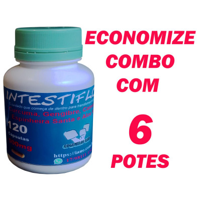 6 Intestiflor - Cúrcuma, Gengibre, Camomila, Espinheira Santa e Aloe Vera em Cápsulas (6 potes de 120 cápsulas, 500mg)