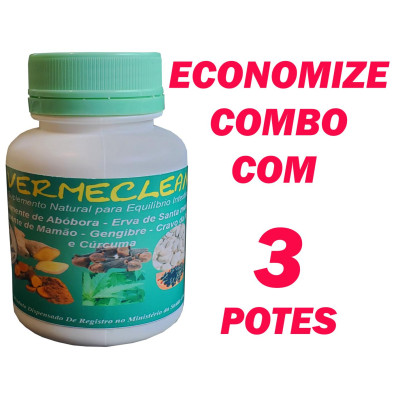 3 Vermeclean artesanal - “Semente de Abóbora, Erva Sta Maria, Semente de Mamão, Gengibre, Cravo e Cúrcuma em Cápsulas (3 potes)