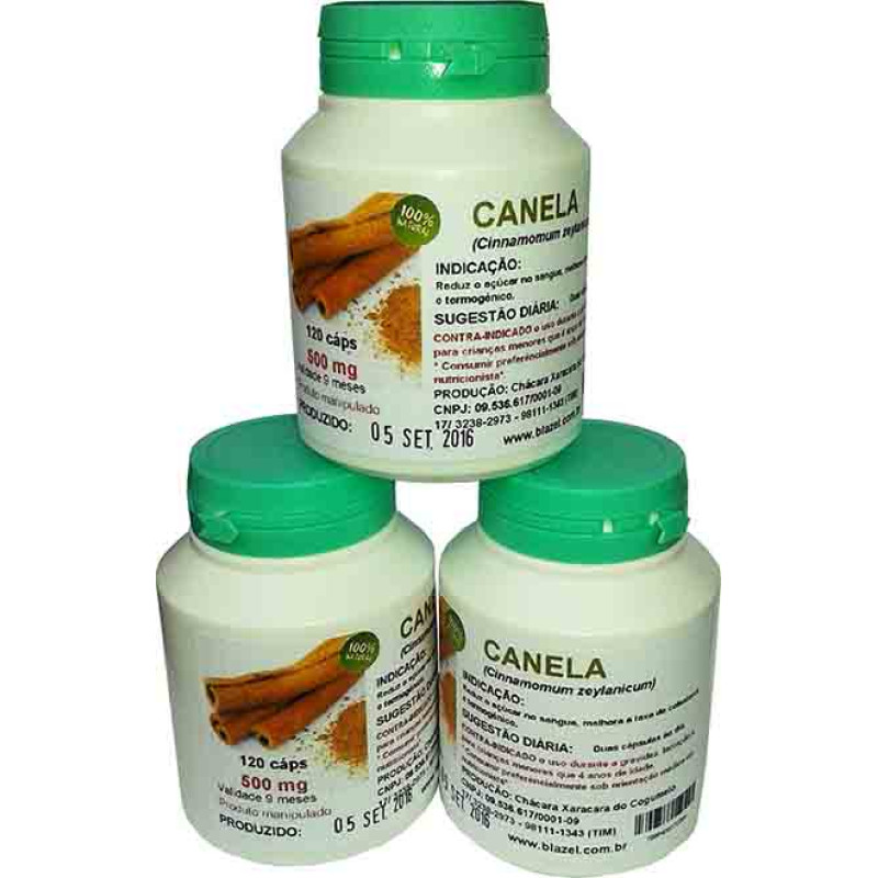Canela 100% puro 3 potes de 120 cápsulas com 500mg. 