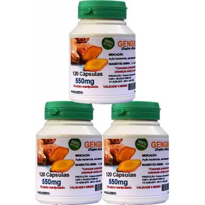 Gengibre desidratado em pó 100% puro 3 potes com 120 cápsulas - 550mg 