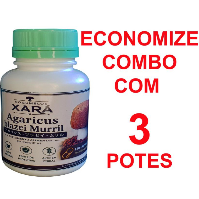 Agaricus blazei(Cogumelo do Sol) 100% puro 3 potes com 120 cápsulas c/ 450 mg.