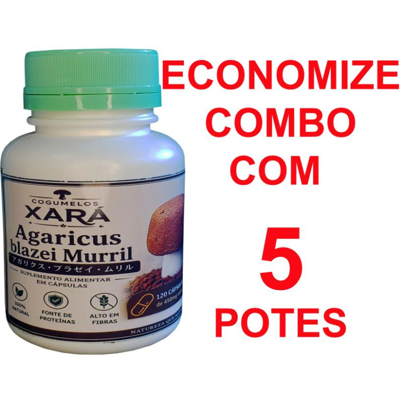 Agaricus blazei artesanal (Cogumelo do Sol) 100% puro 5 potes com 120 cápsulas c/ 450 mg. 7 dias úteis para manipulação.