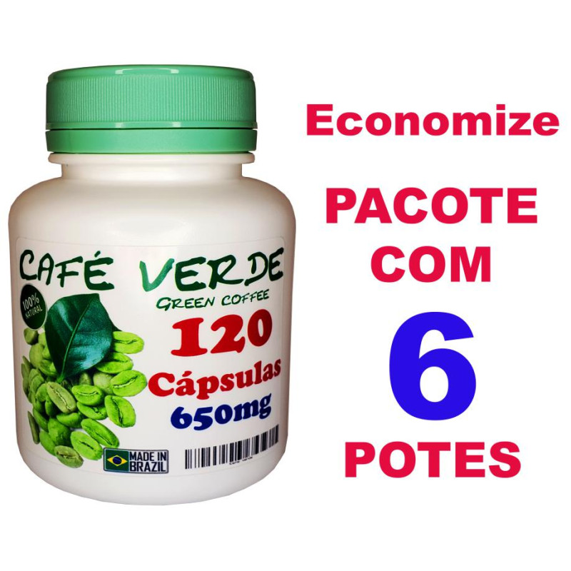 Café Verde (Redutor de medidas) Orgânico concentrado 100% puro. 6 potes de 120 Cápsulas 650mg 
